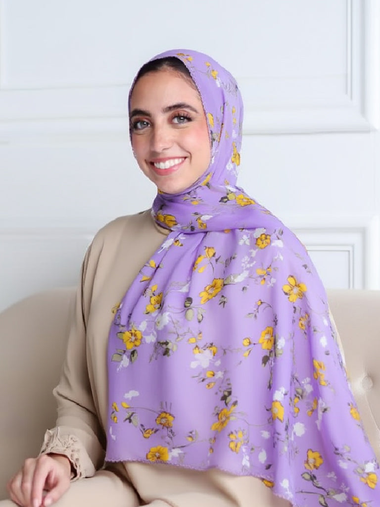 طرحة شيفون مطبوعة (ورود بنفسجي)